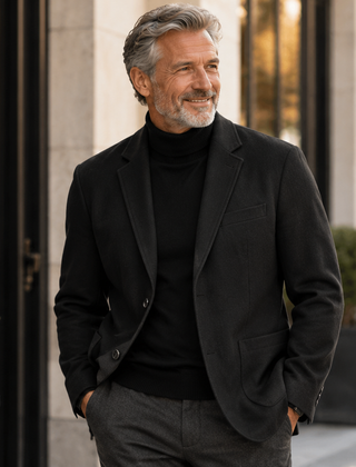 Harrison no-iron cotton blazer worn by a man outdoors