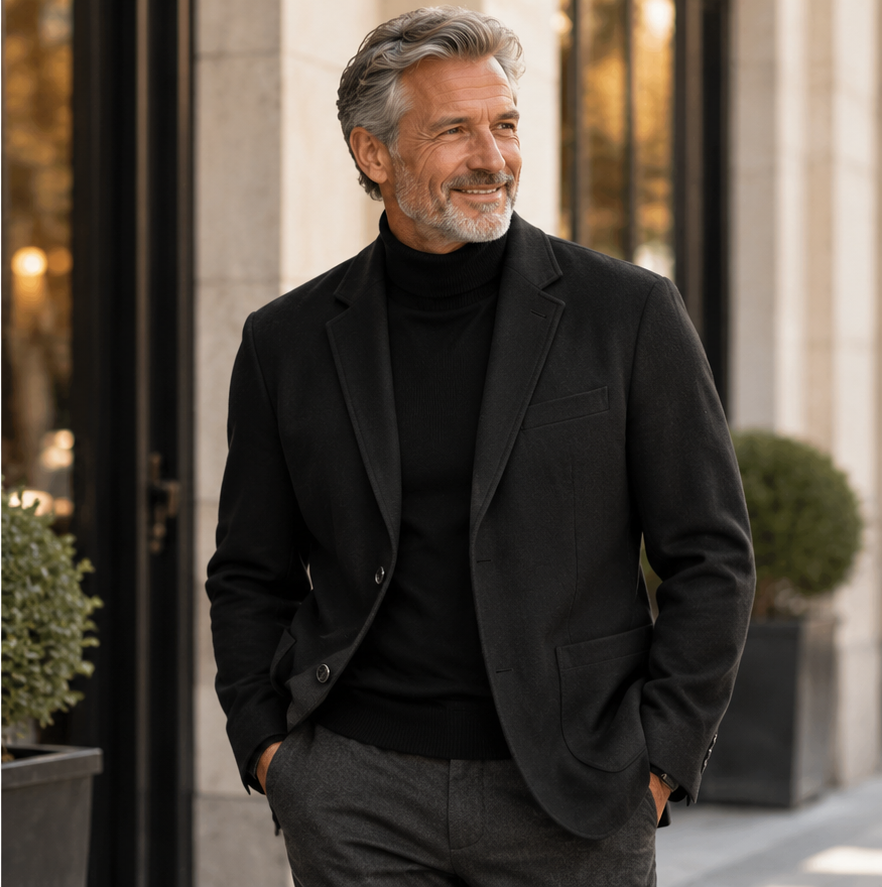 Harrison no-iron cotton blazer worn by a man outdoors