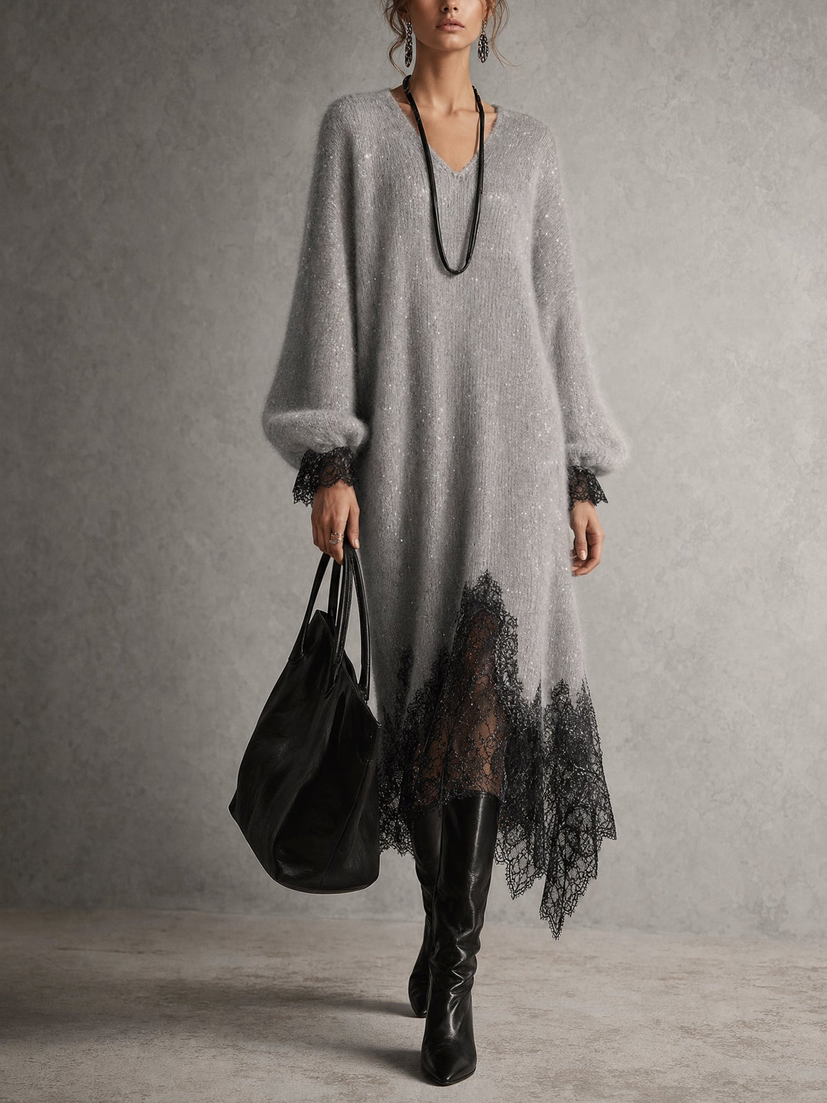 Camille™ Shimmer Knit Lace-Trim Midi Dress