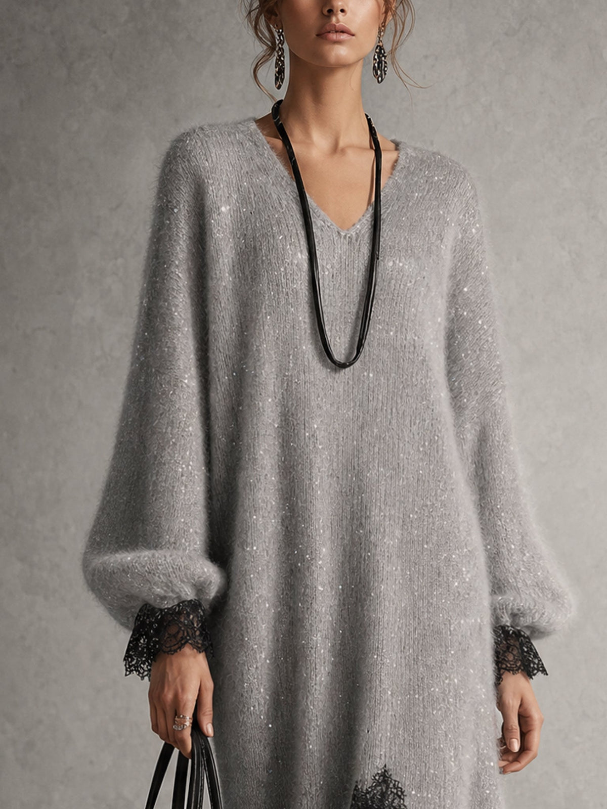 Camille™ Shimmer Knit Lace-Trim Midi Dress