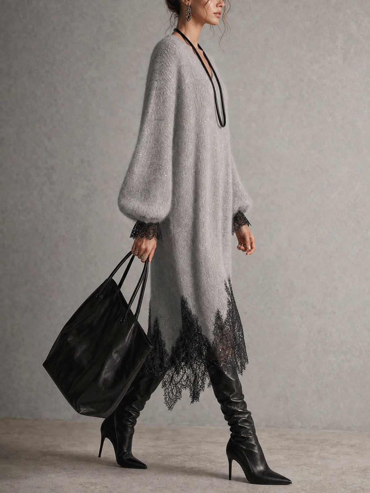 Camille™ Shimmer Knit Lace-Trim Midi Dress