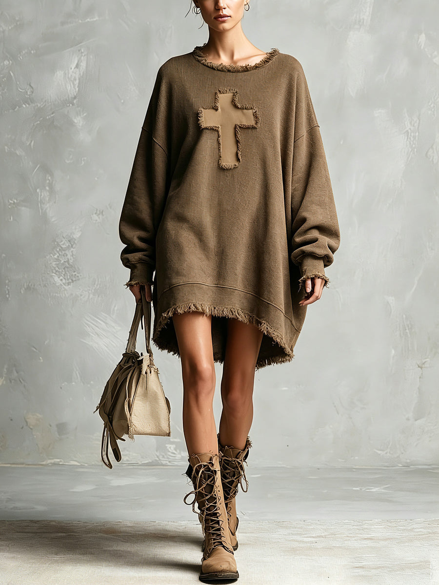 Elowen™ | Frayed Cross Oversized Sweatshirt Dress