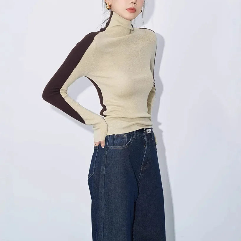 Mock Neck Contrast Sleeve Top