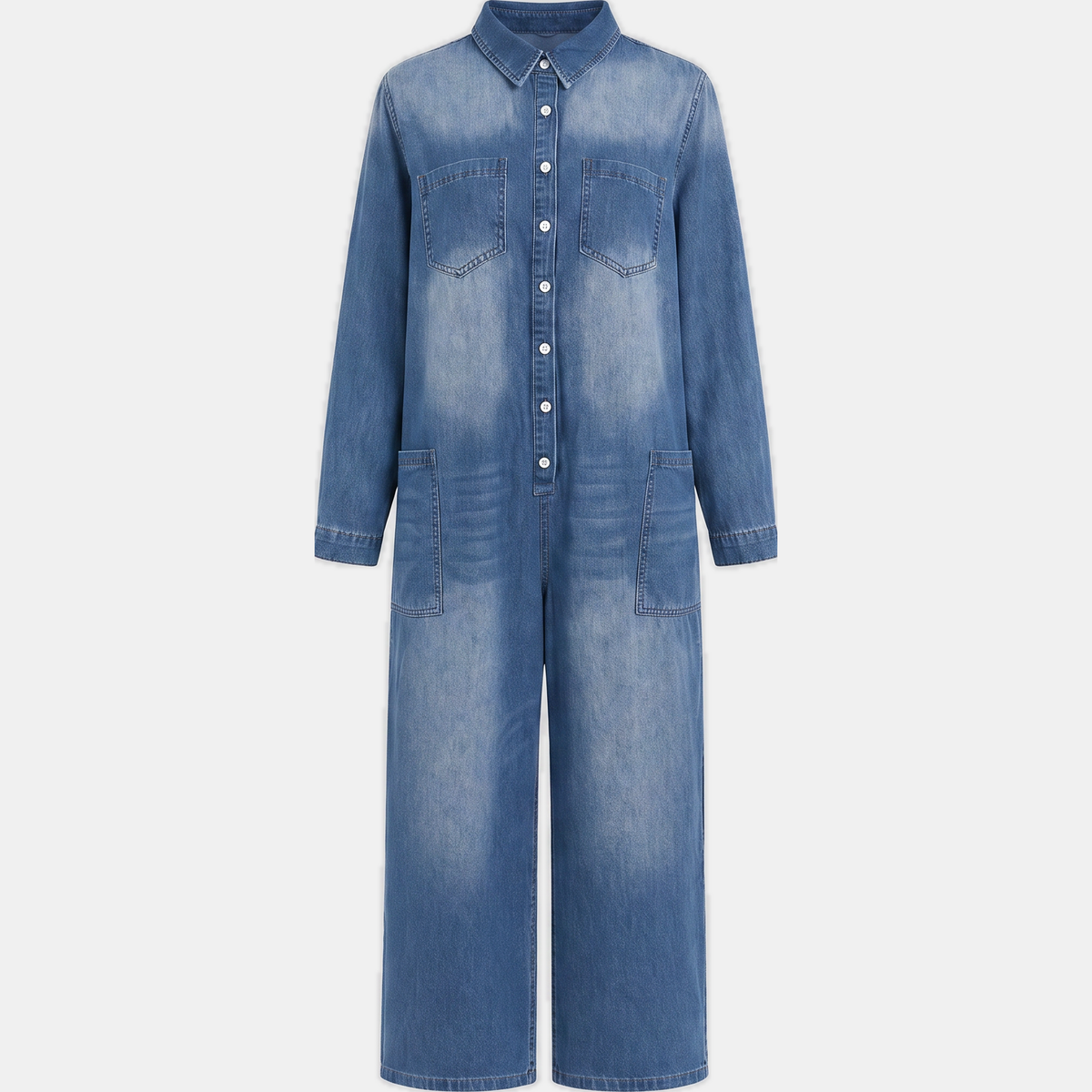Women's Wide Leg Button Front Washed Denim Jumpsuit