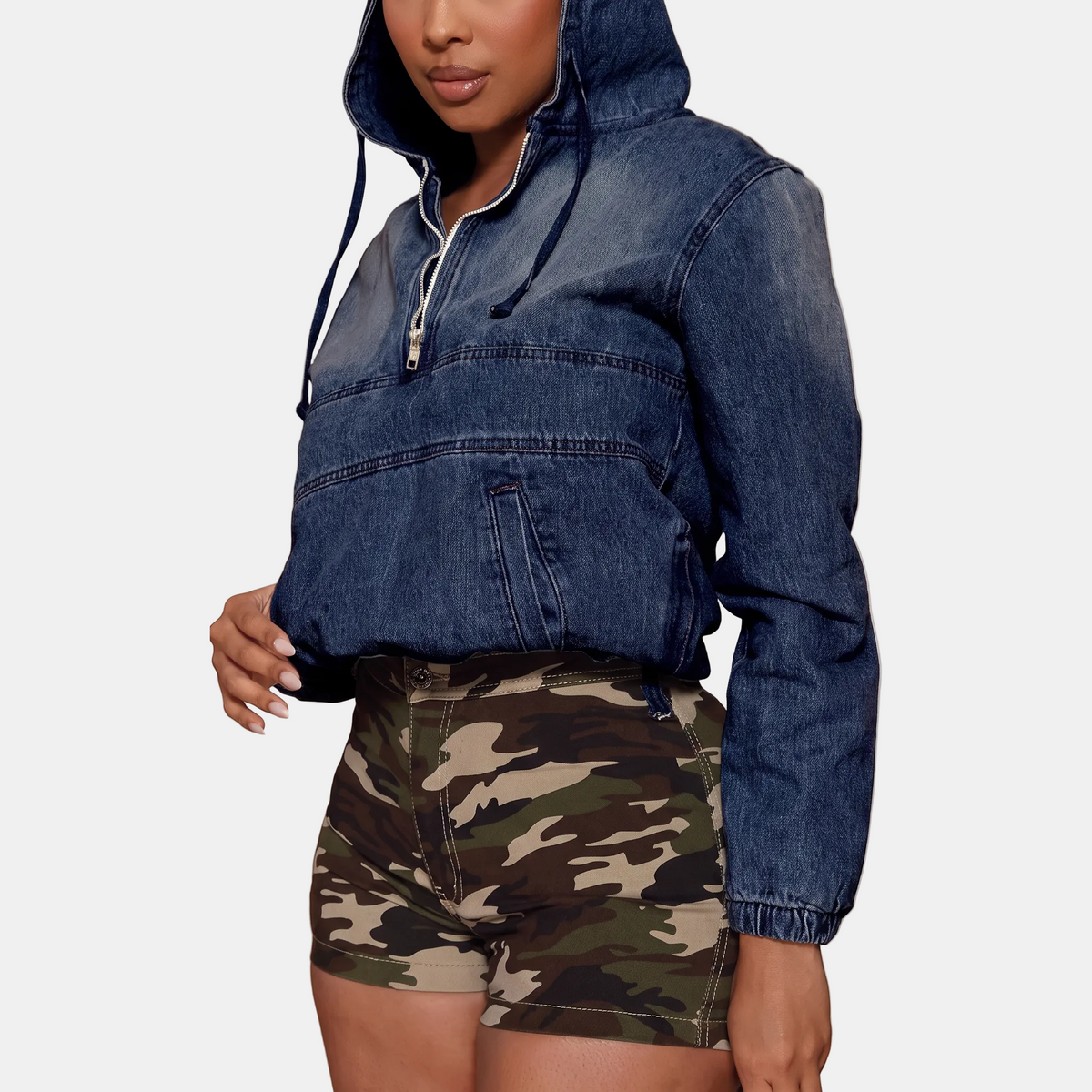 Marlene™ | Cropped Zip-Up Denim Hoodie