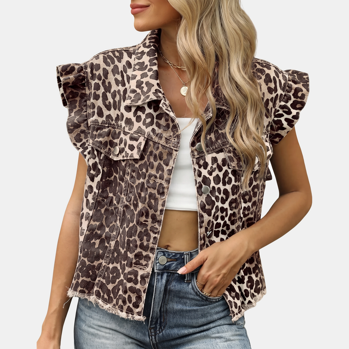 Sienna™ | Leopard Ruffle Denim Vest