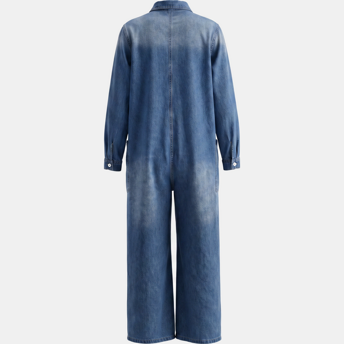 Women's Wide Leg Button Front Washed Denim Jumpsuit