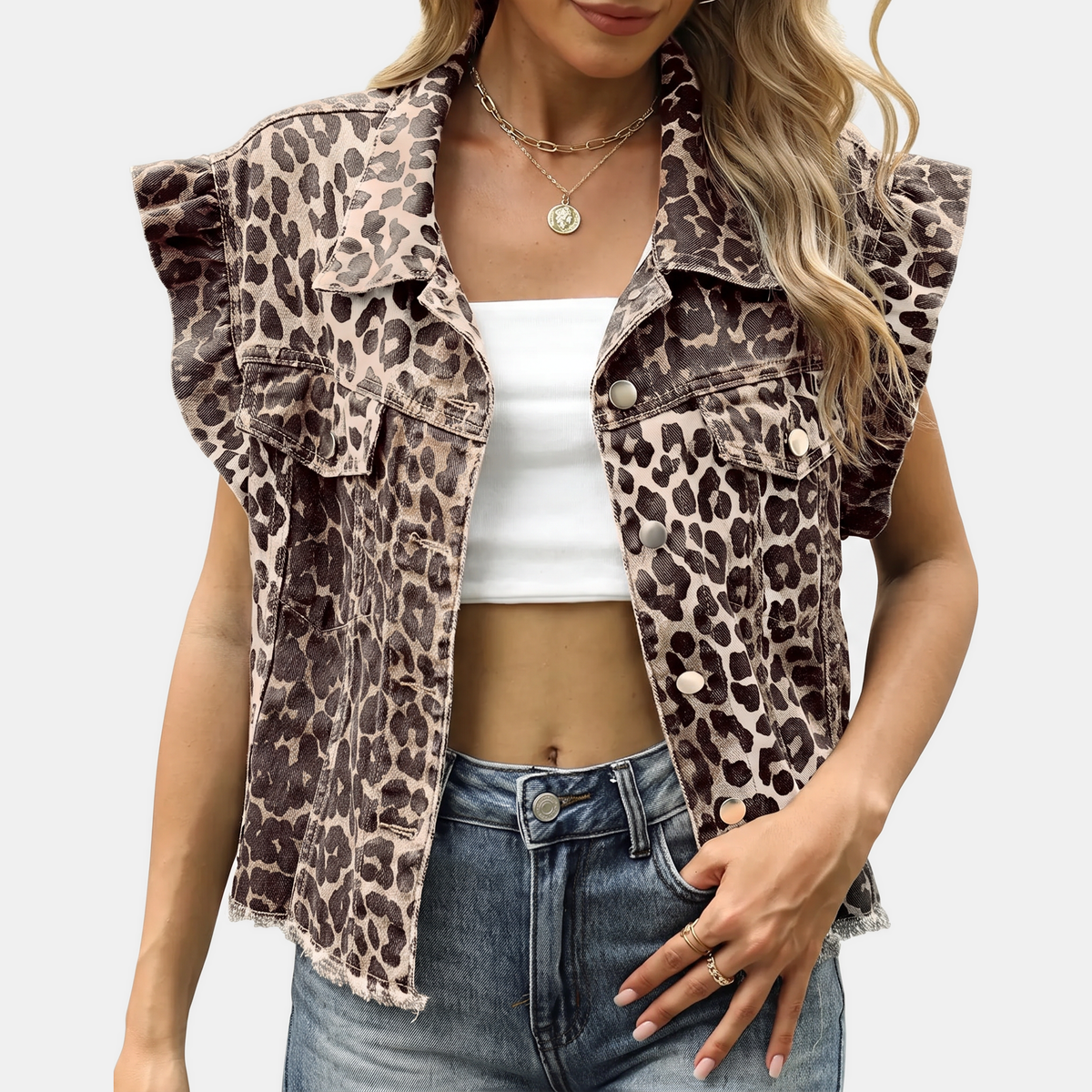 Sienna™ | Leopard Ruffle Denim Vest