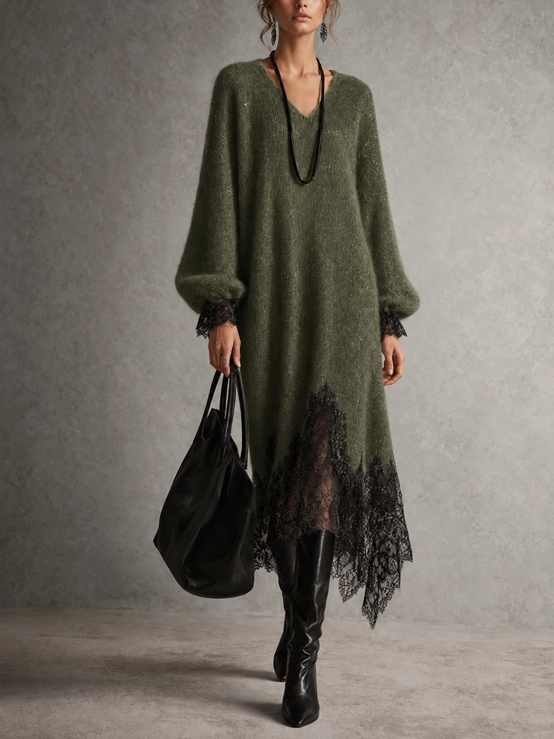 Camille™ Shimmer Knit Lace-Trim Midi Dress