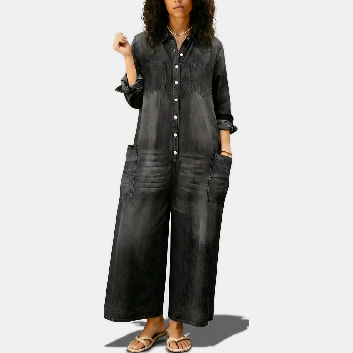 Women's Wide Leg Button Front Washed Denim Jumpsuit