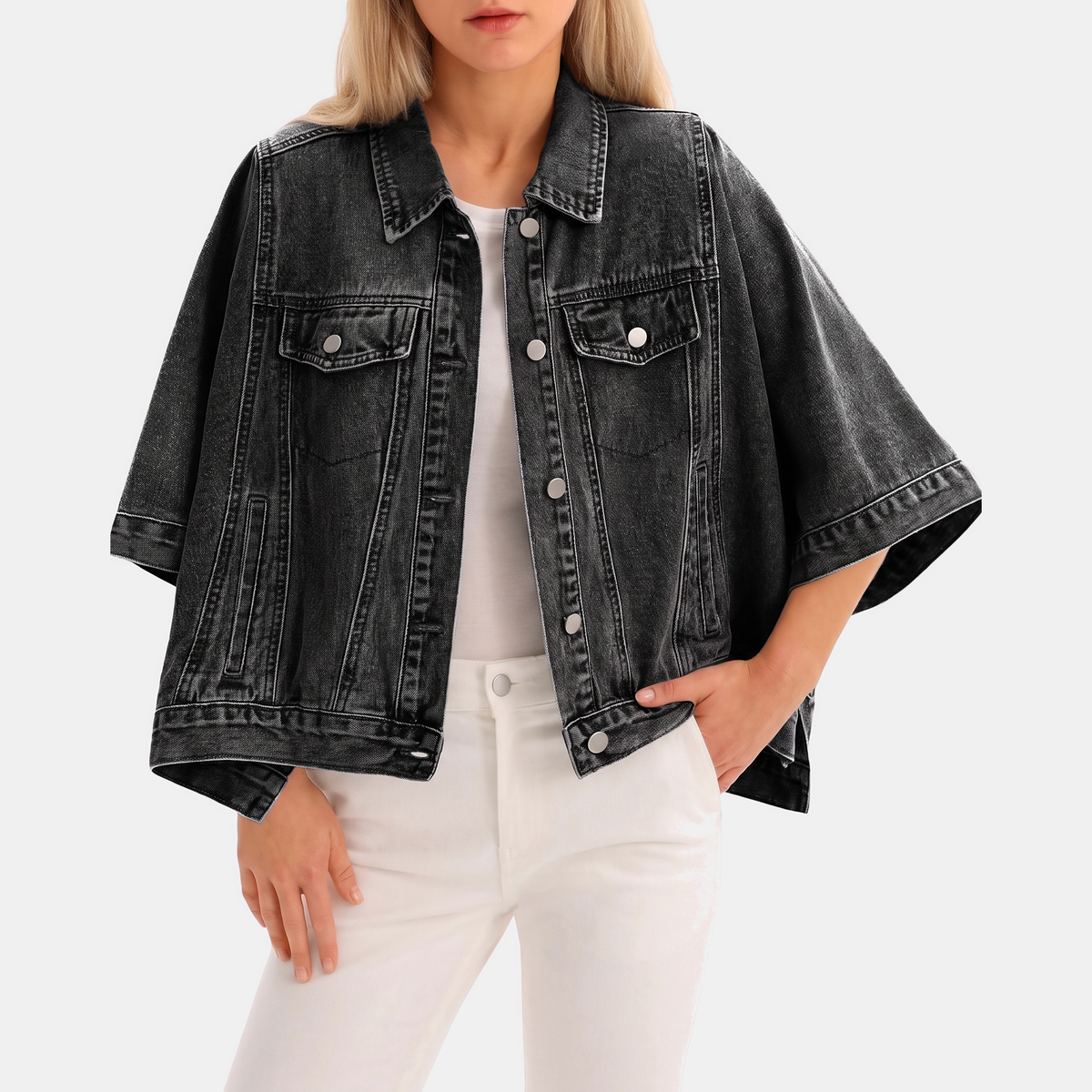 Marisol™ | Batwing Sleeve Cropped Denim Jacket