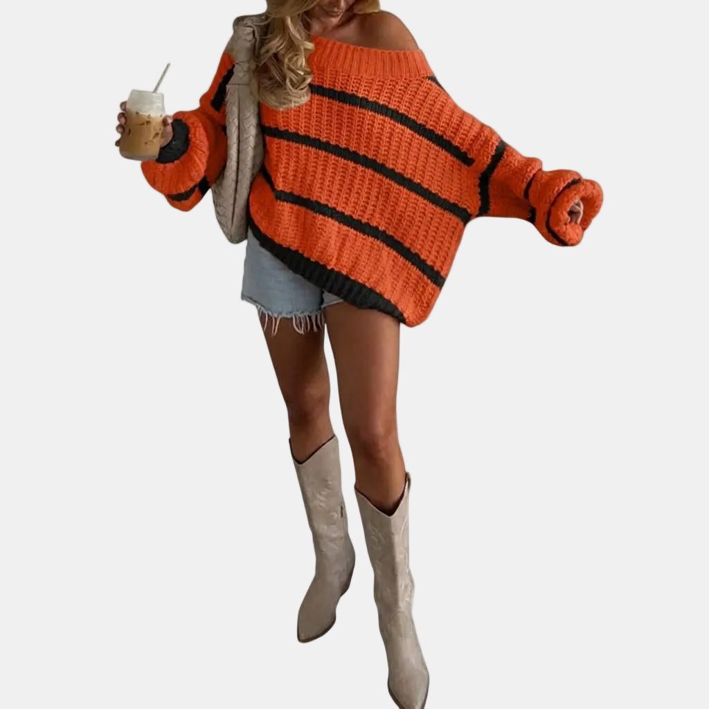 Odette™ | Oversized Off-Shoulder Striped Knit Sweater