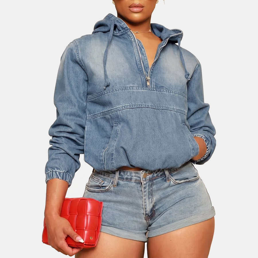 Marlene™ | Cropped Zip-Up Denim Hoodie