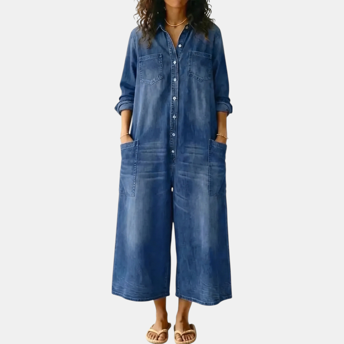 Women's Wide Leg Button Front Washed Denim Jumpsuit