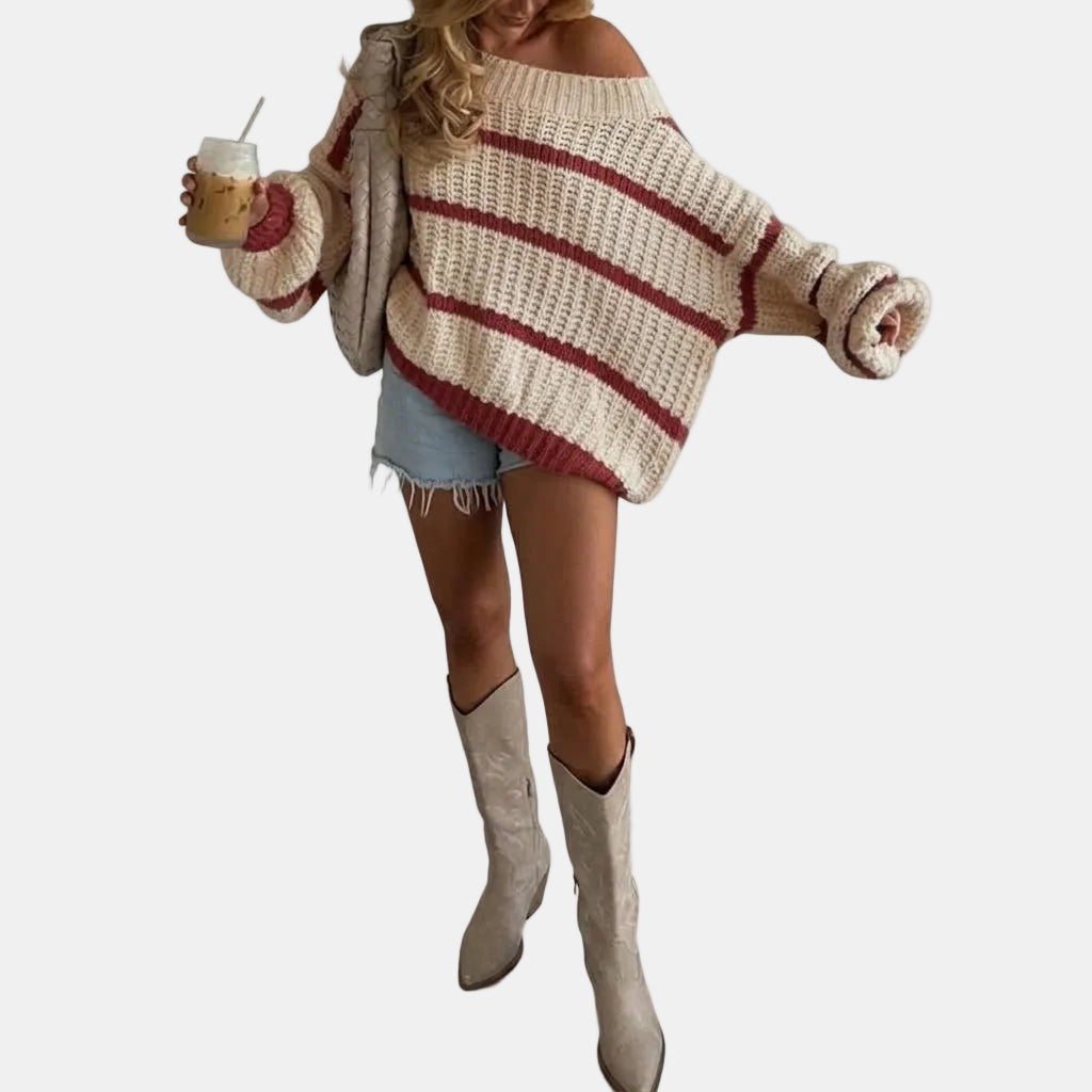 Odette™ | Oversized Off-Shoulder Striped Knit Sweater