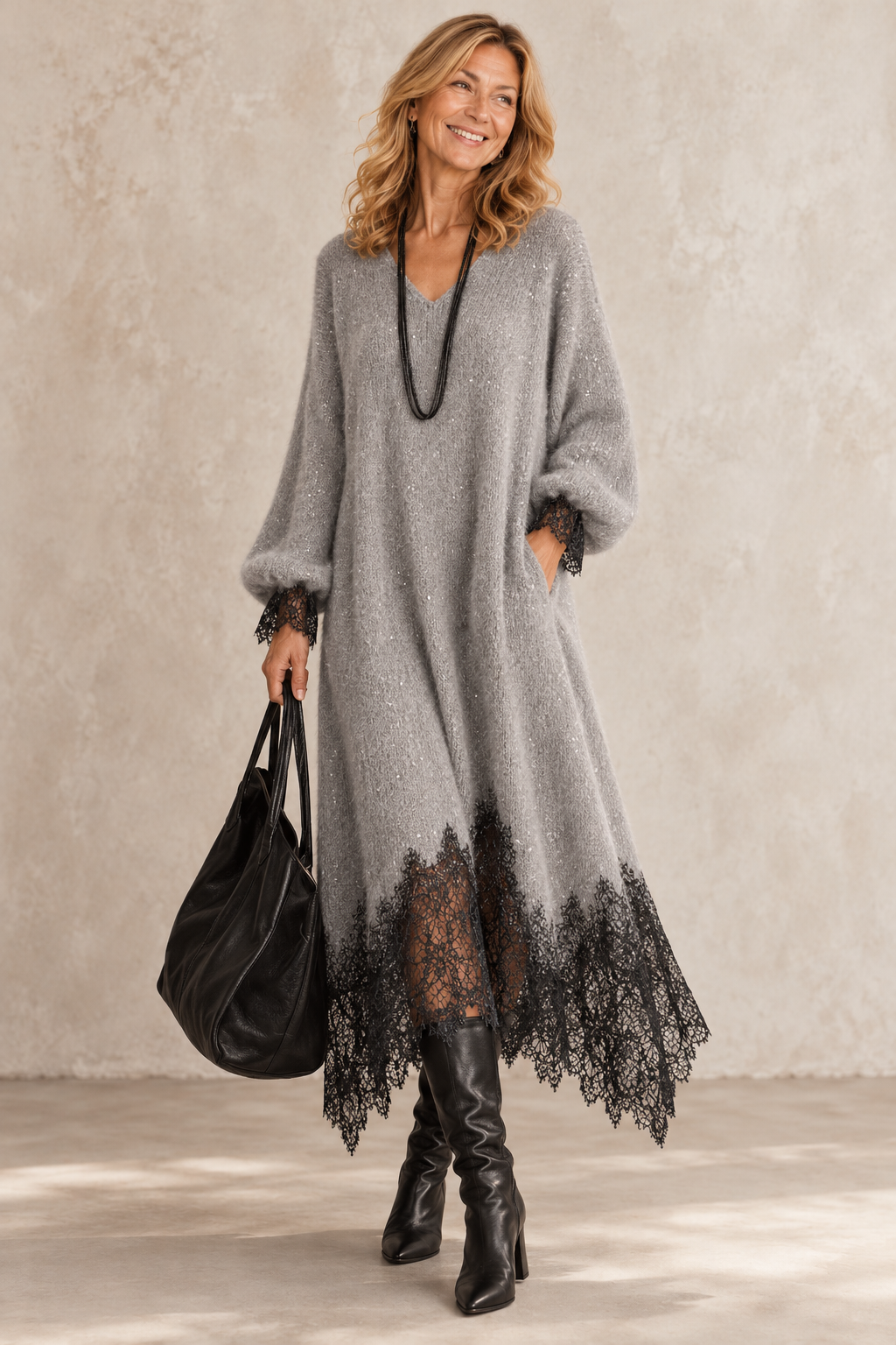 Camille™ Shimmer Knit Lace-Trim Midi Dress