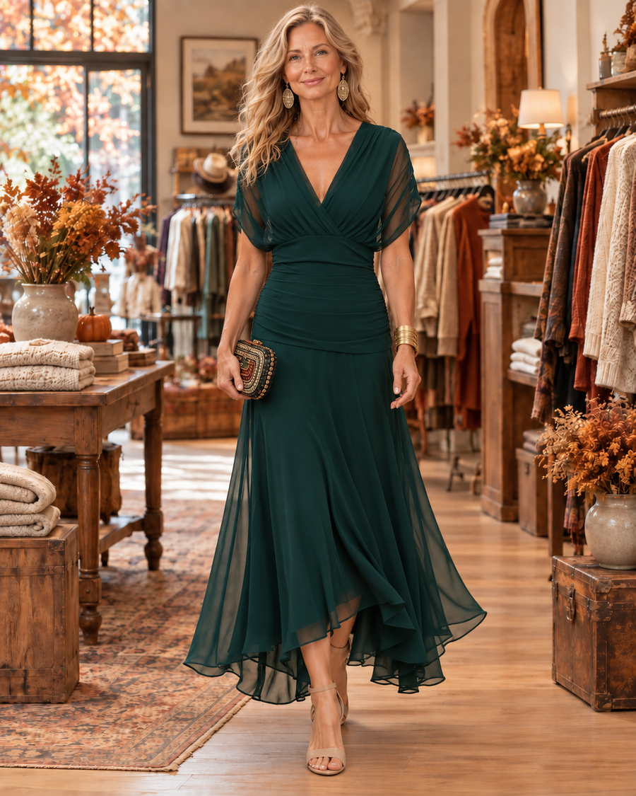 Emma | Draped V-Neck Evening Maxi Dress