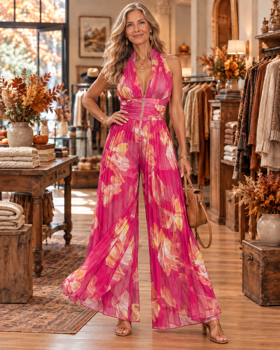 Fuchsia Floral Print Sleeveless Zippered Pleated Wide-leg Chiffon Jumpsuit