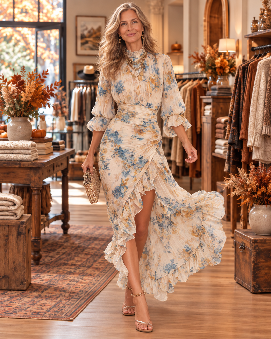 Beige Turtleneck Oil Painting Floral Print Irregular Chiffon Maxi Dress