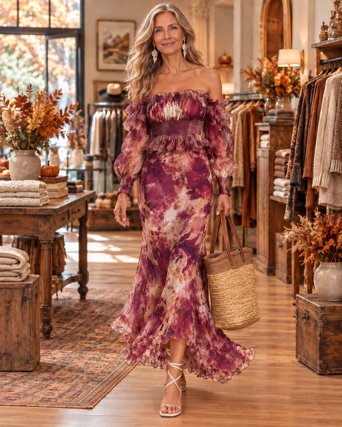 Rose Pink Floral Off-Shoulder Chiffon Maxi Dress
