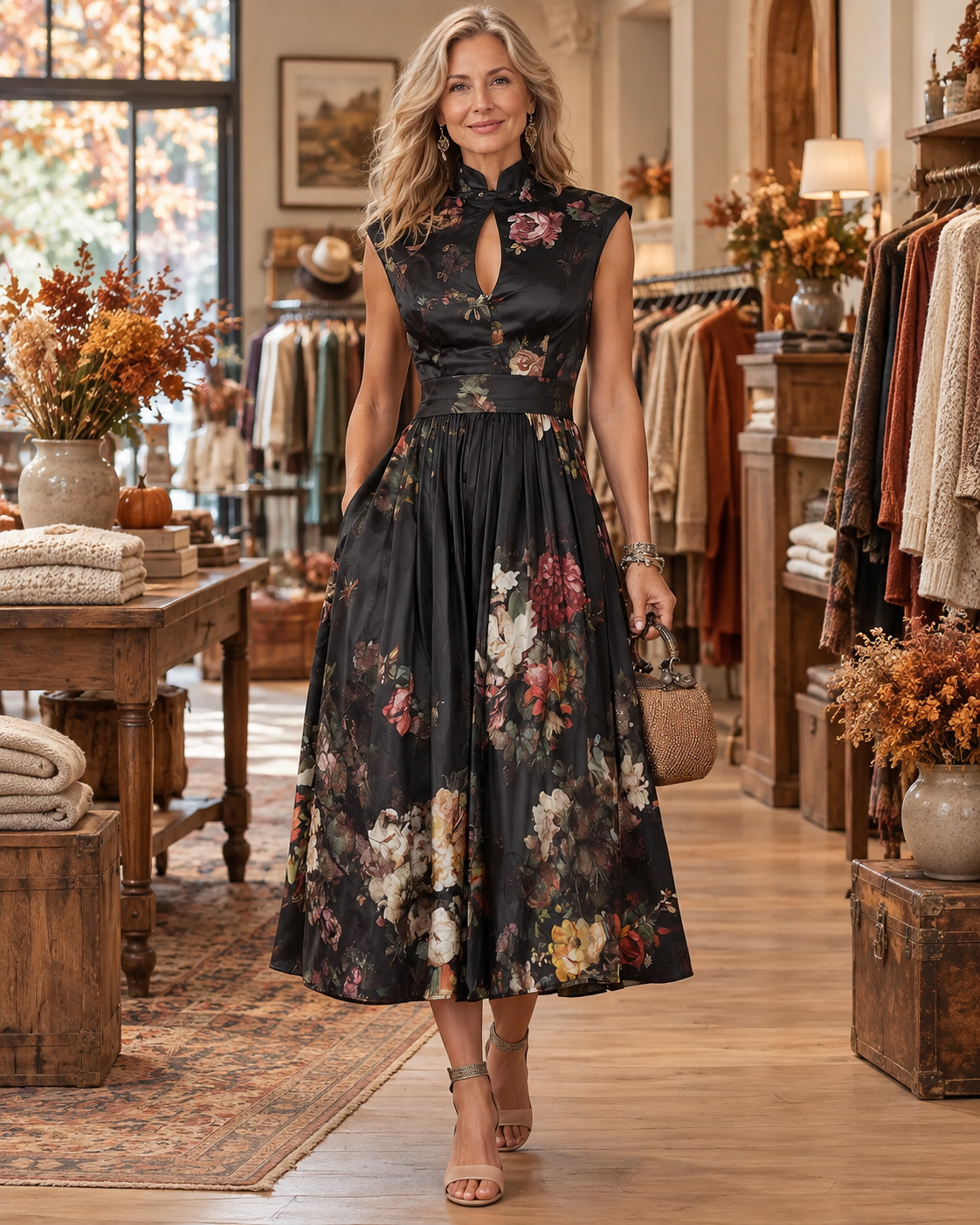 Black Keyhole Collar Floral Pleated Satin Midi Dress