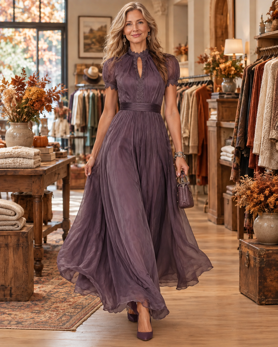 Purple Keyhole Neckline Chiffon Lace Trim Maxi Dress