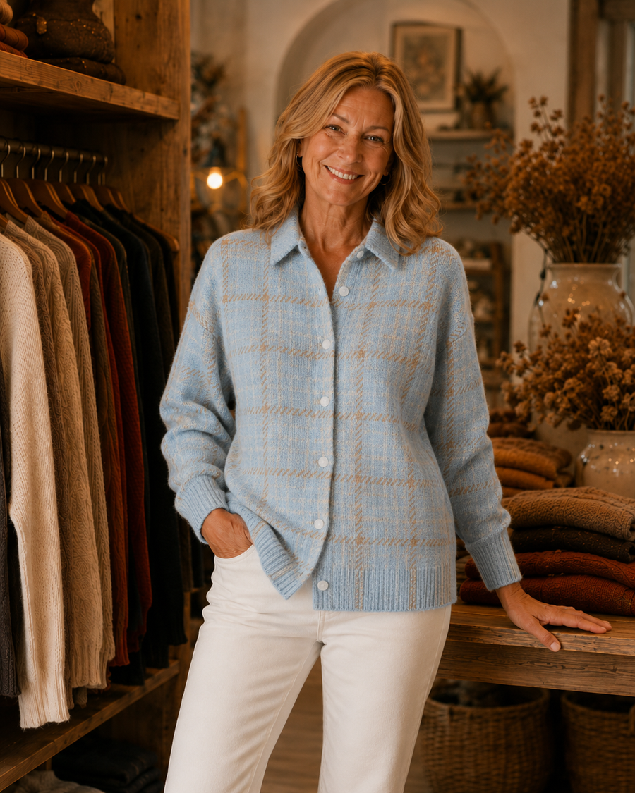 Kinsleigh™ | Sky Plaid Button Cardigan