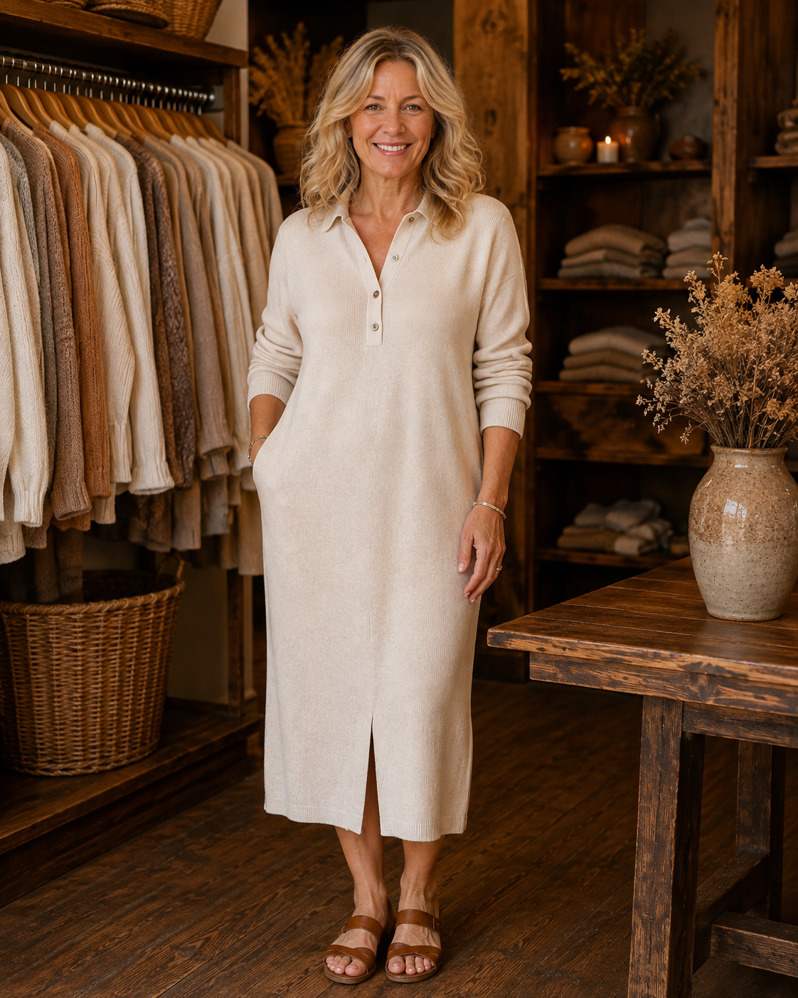 ALVA | SOFT COLLARED LONG SLEEVE MIDI DRESS