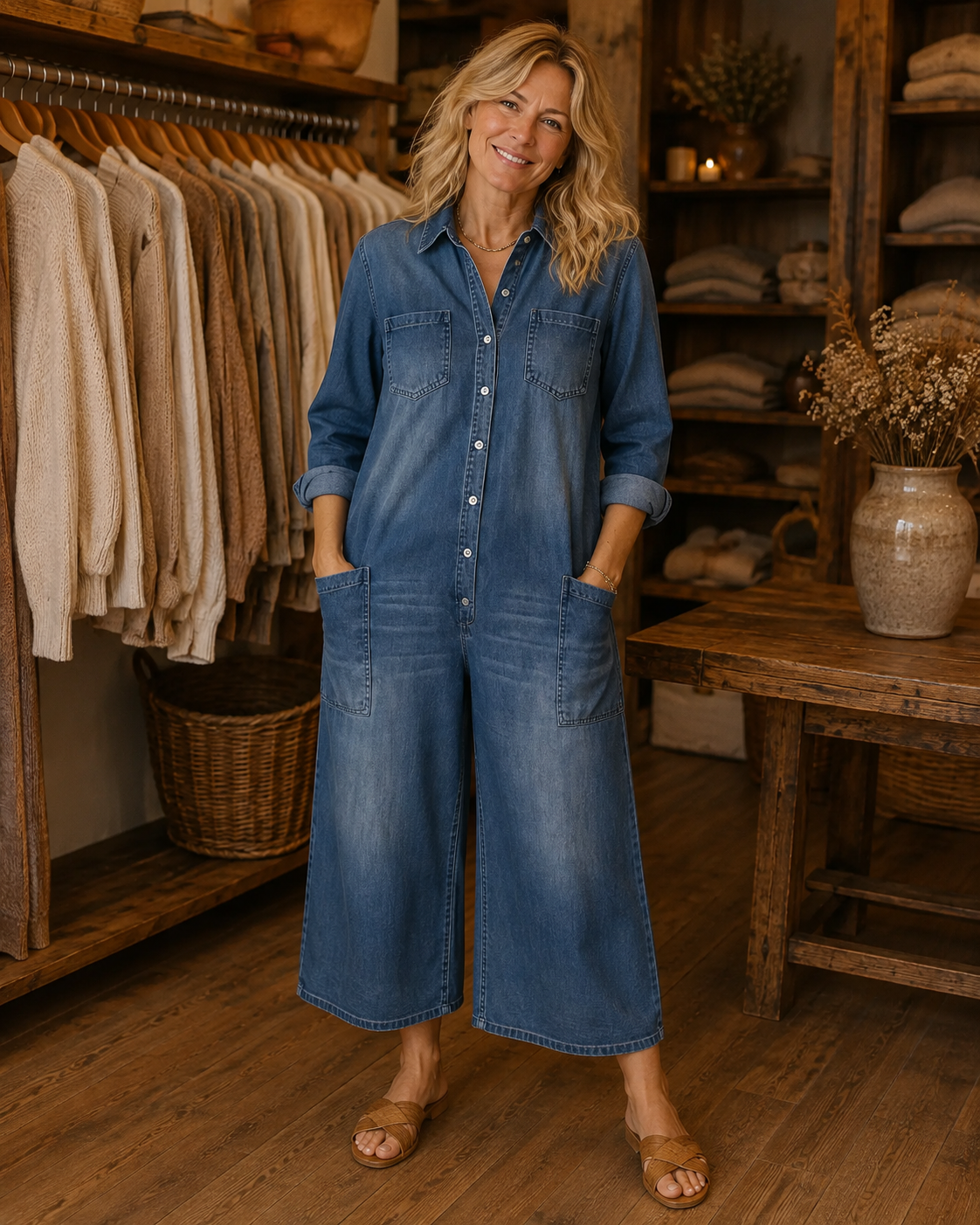 Women's Wide Leg Button Front Washed Denim Jumpsuit