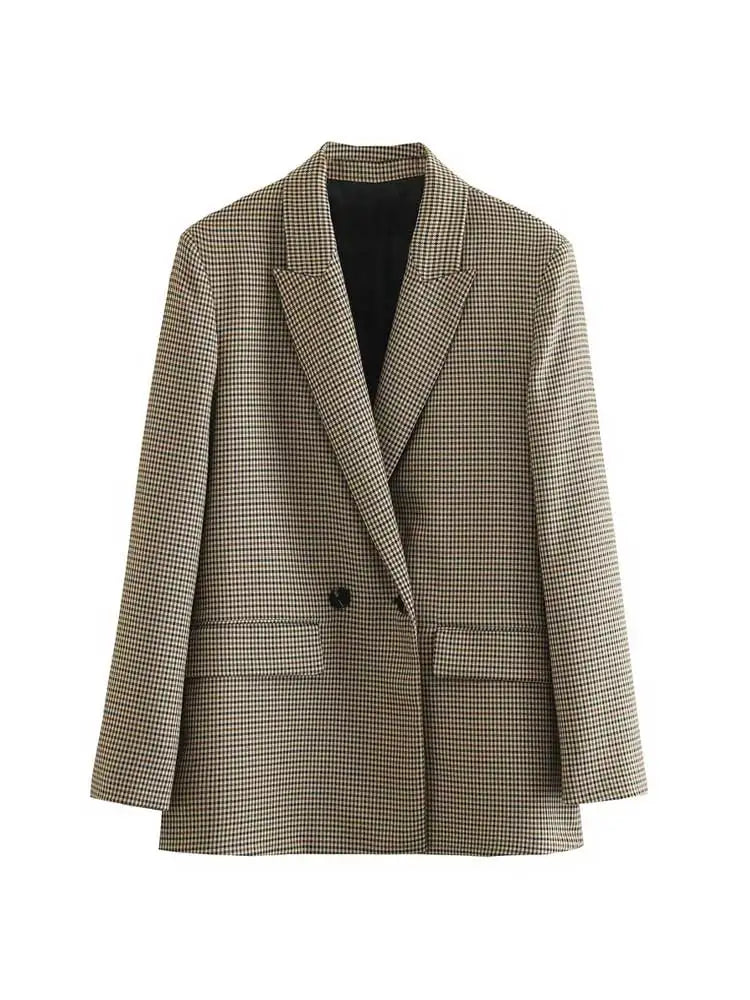 Chic Plaid Blazer Jacket – Vintage Double Breasted Design for Versatile Layering