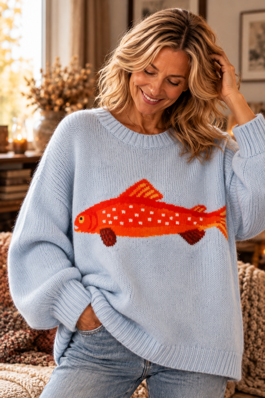 Sadie | Embroidered Trout Fish Sweater