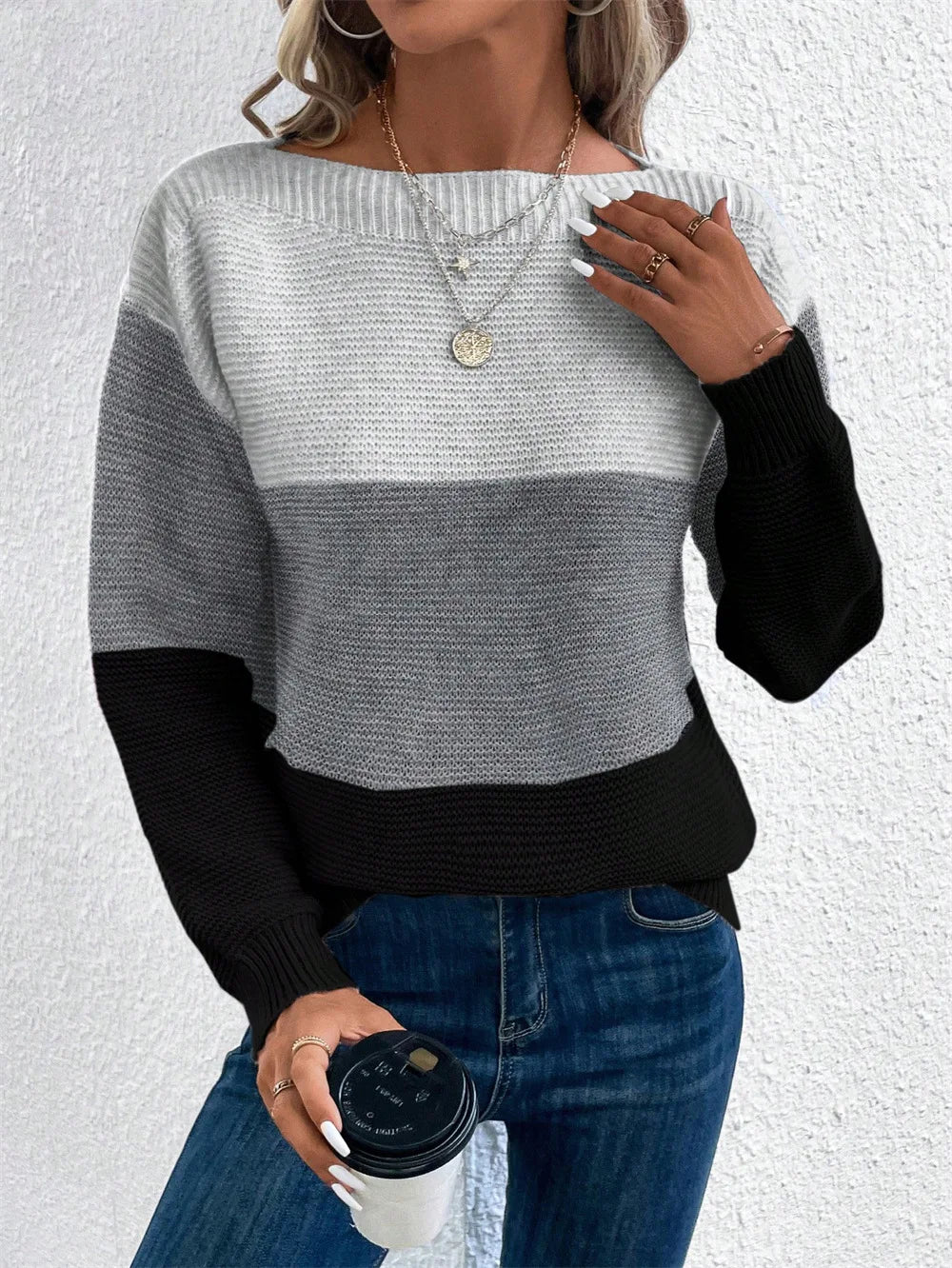 Women's Three-color Knitted Patchwork Sweater