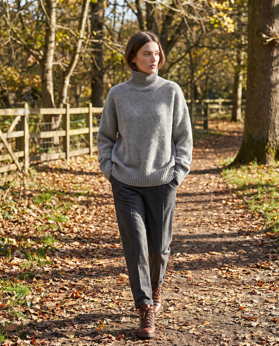 High Neck Relaxed Fit Wool Blend Sweater for Women