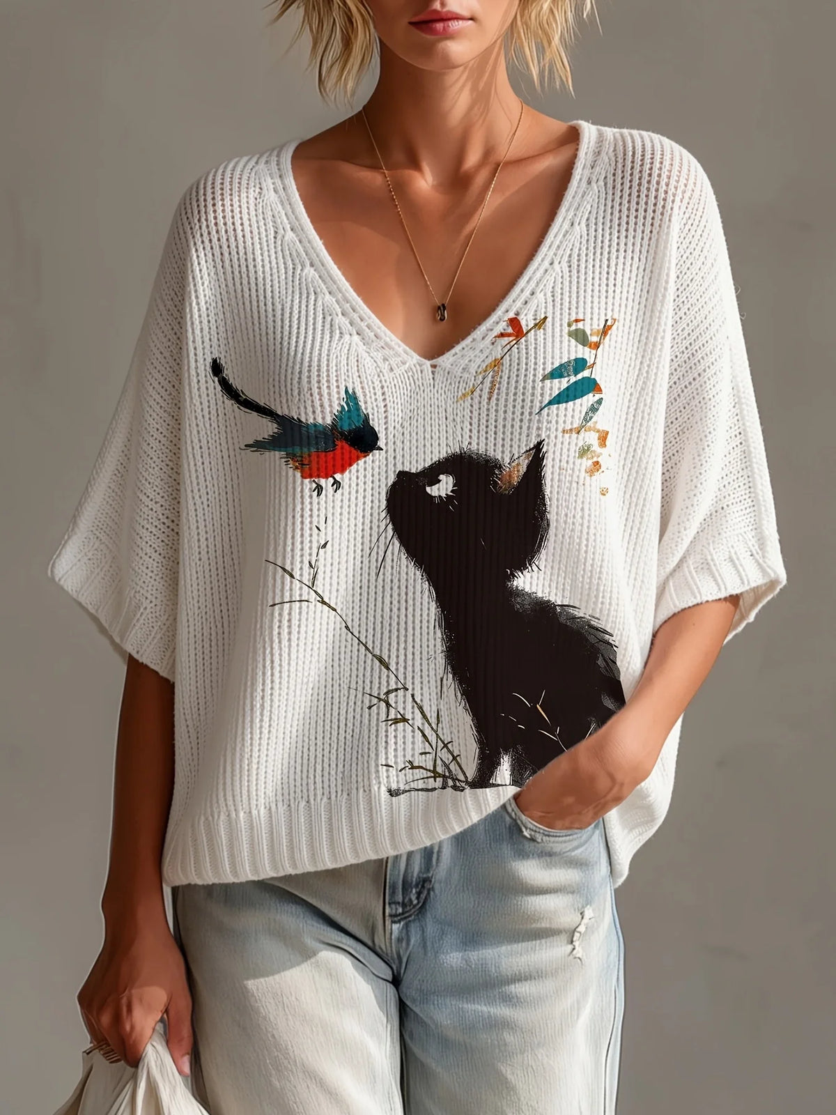 Nina | Cat Print Batwing Sweater