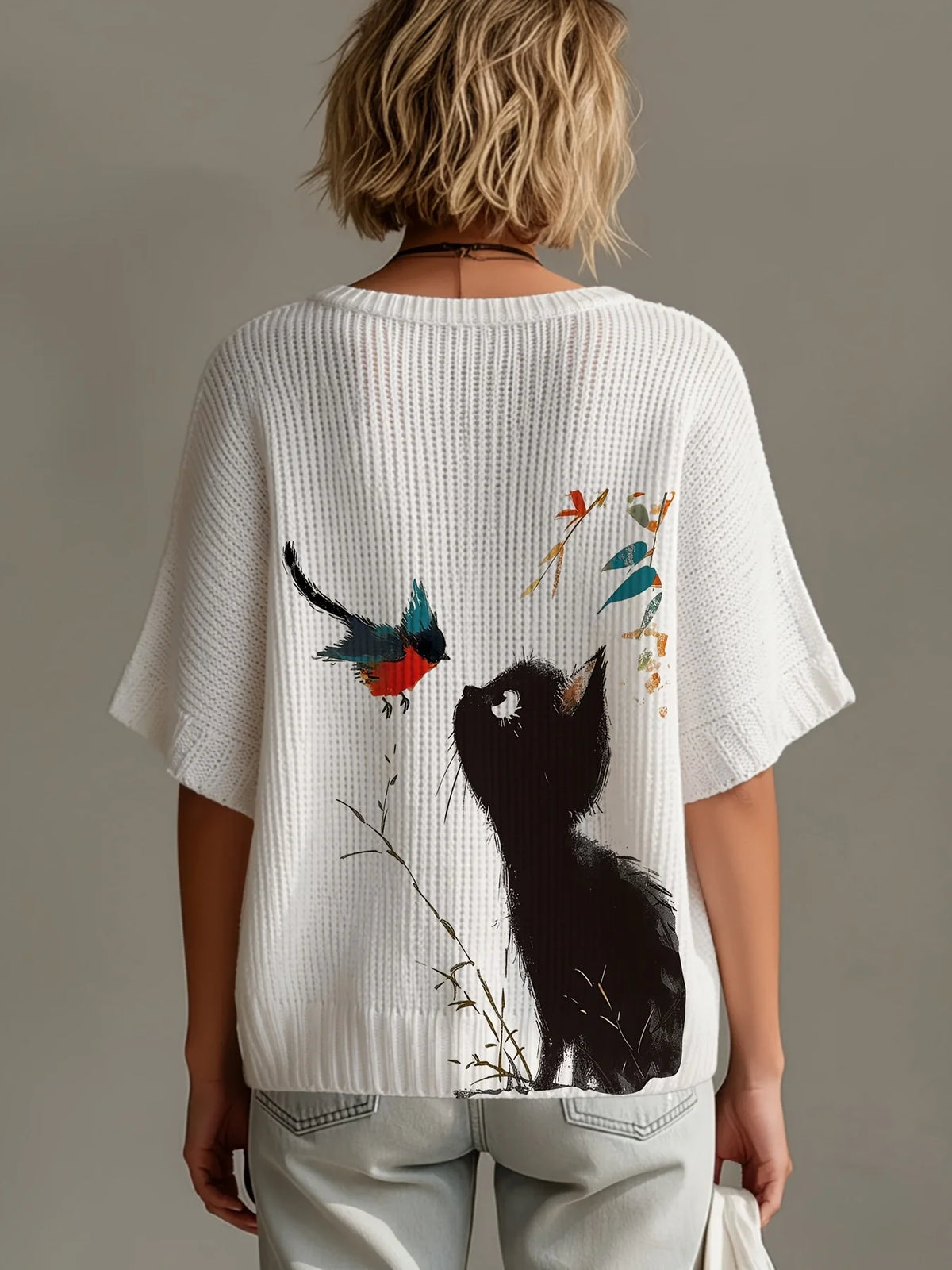 Nina | Cat Print Batwing Sweater