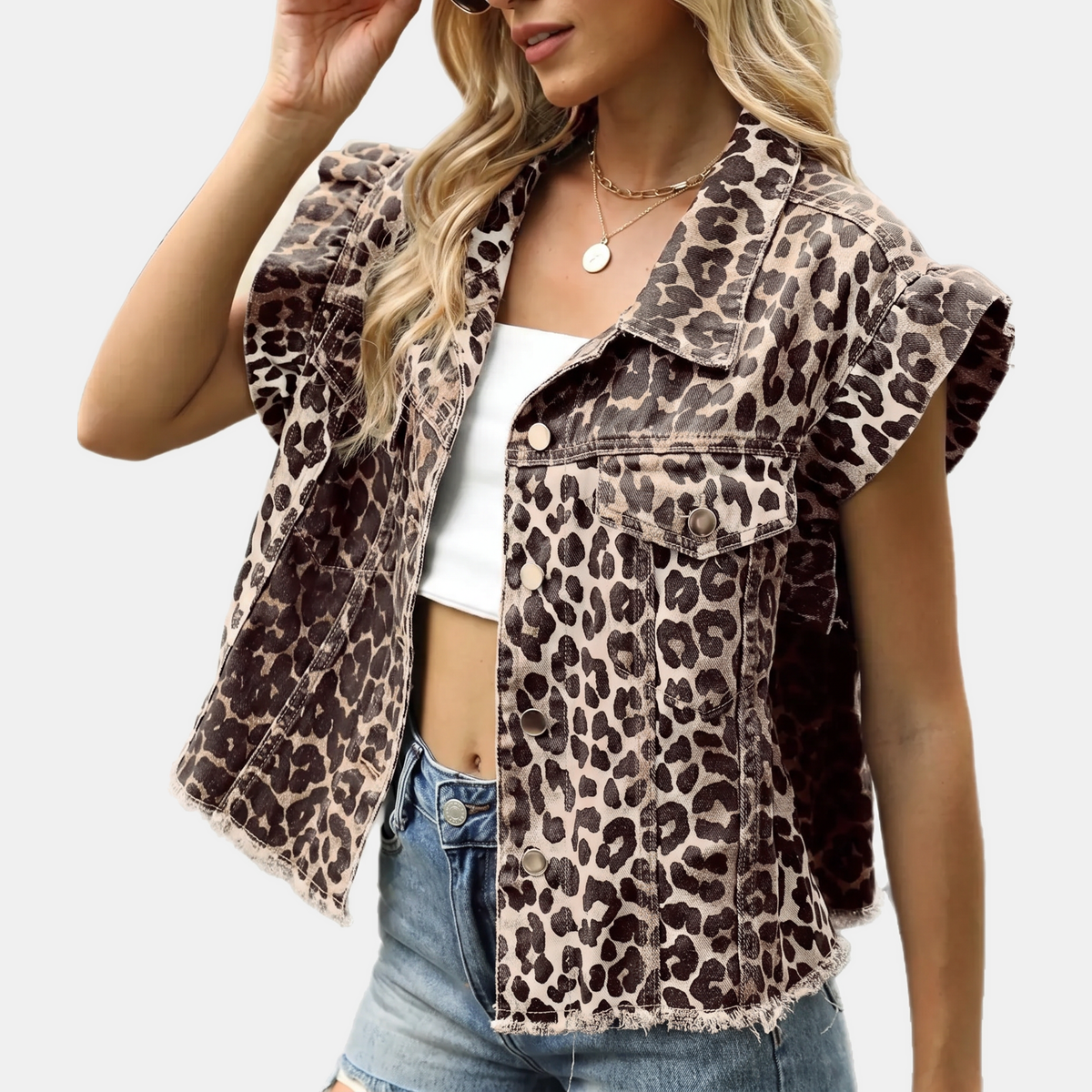 Sienna™ | Leopard Ruffle Denim Vest
