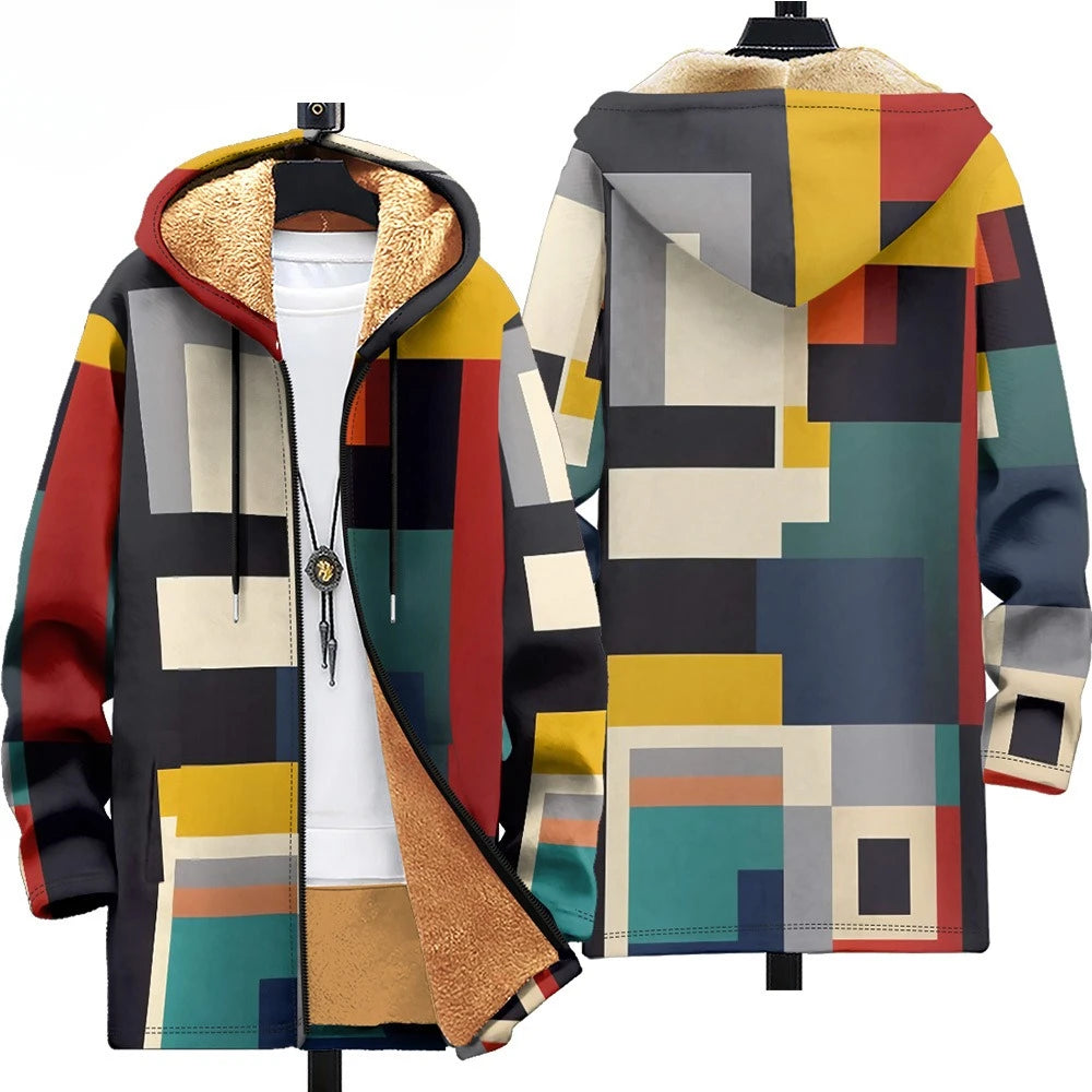 Tessa™ | Modern Geometric Fleece-Lined Hooded Coat