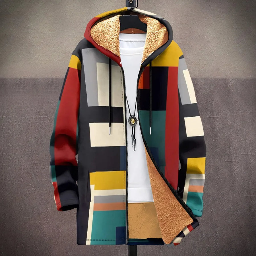 Tessa™ | Modern Geometric Fleece-Lined Hooded Coat