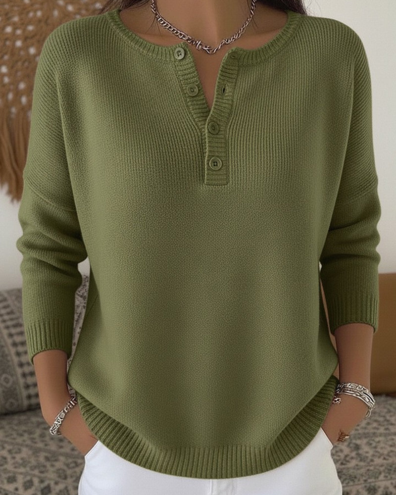 Greta™ | Buttoned Knit Henley Sweater