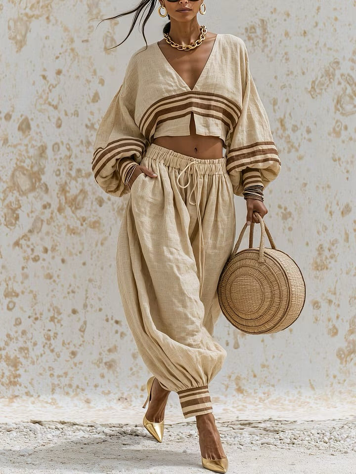 ISLA | STRIPED LINEN-BLEND TWO-PIECE SET