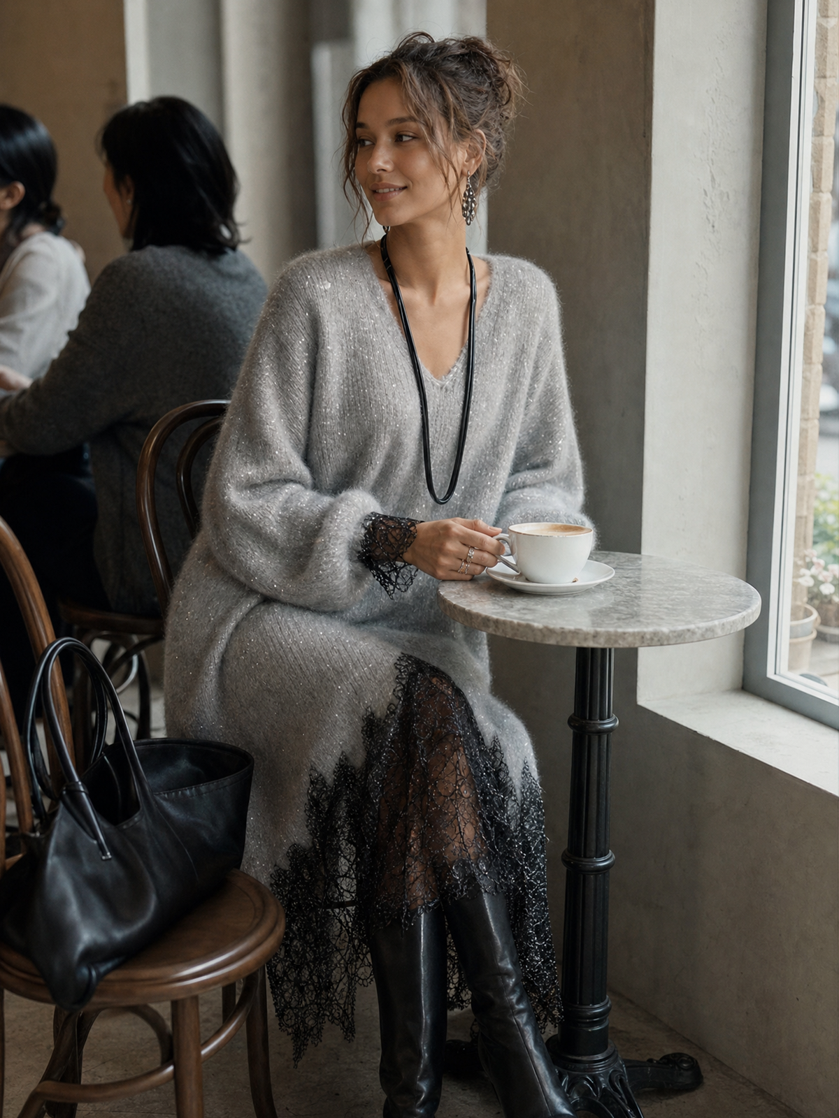 Camille™ Shimmer Knit Lace-Trim Midi Dress