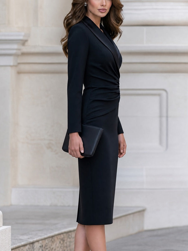 Black Long Sleeve Notch Lapel Ruched Blazer Midi Dress