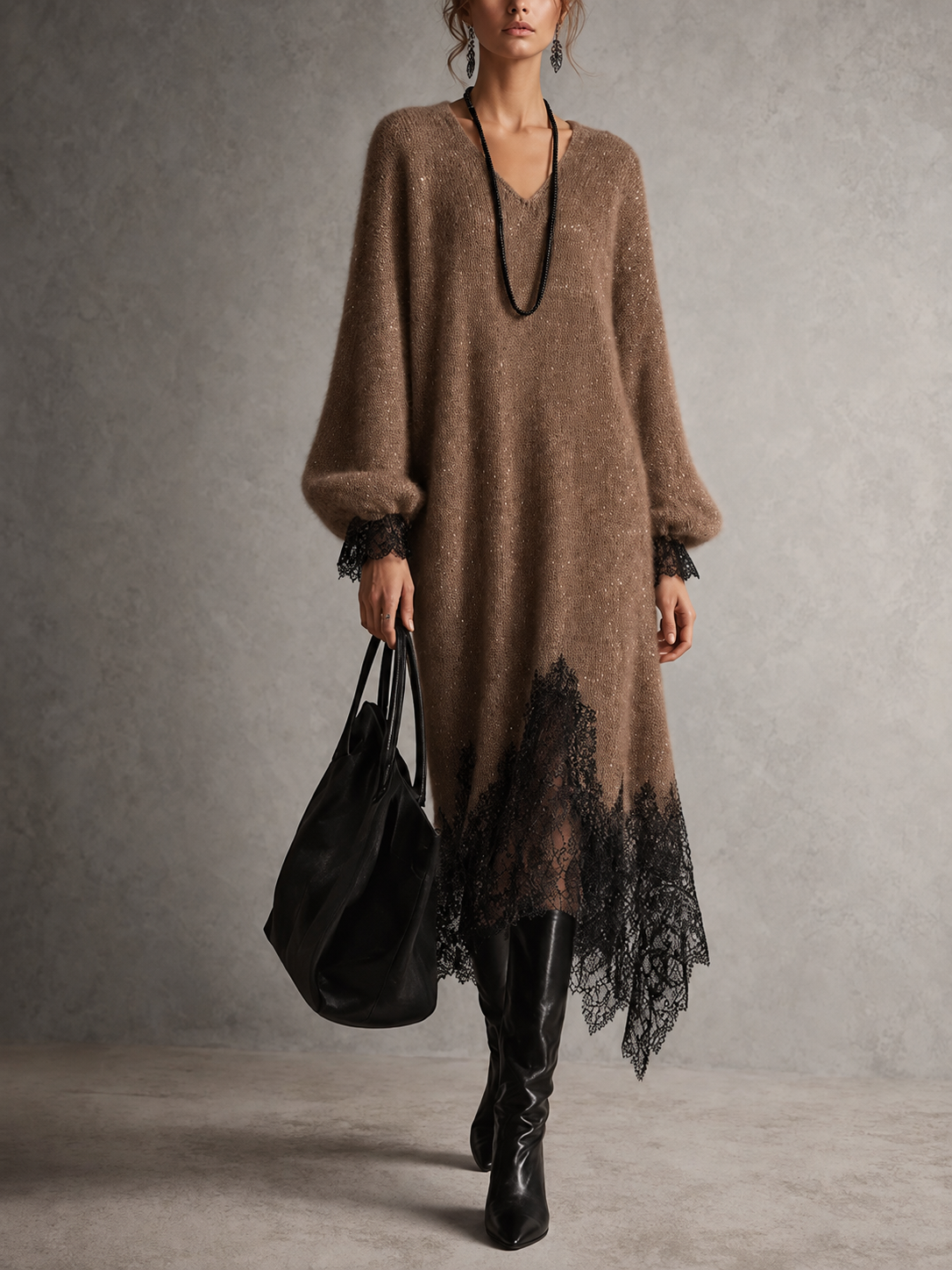 Camille™ Shimmer Knit Lace-Trim Midi Dress