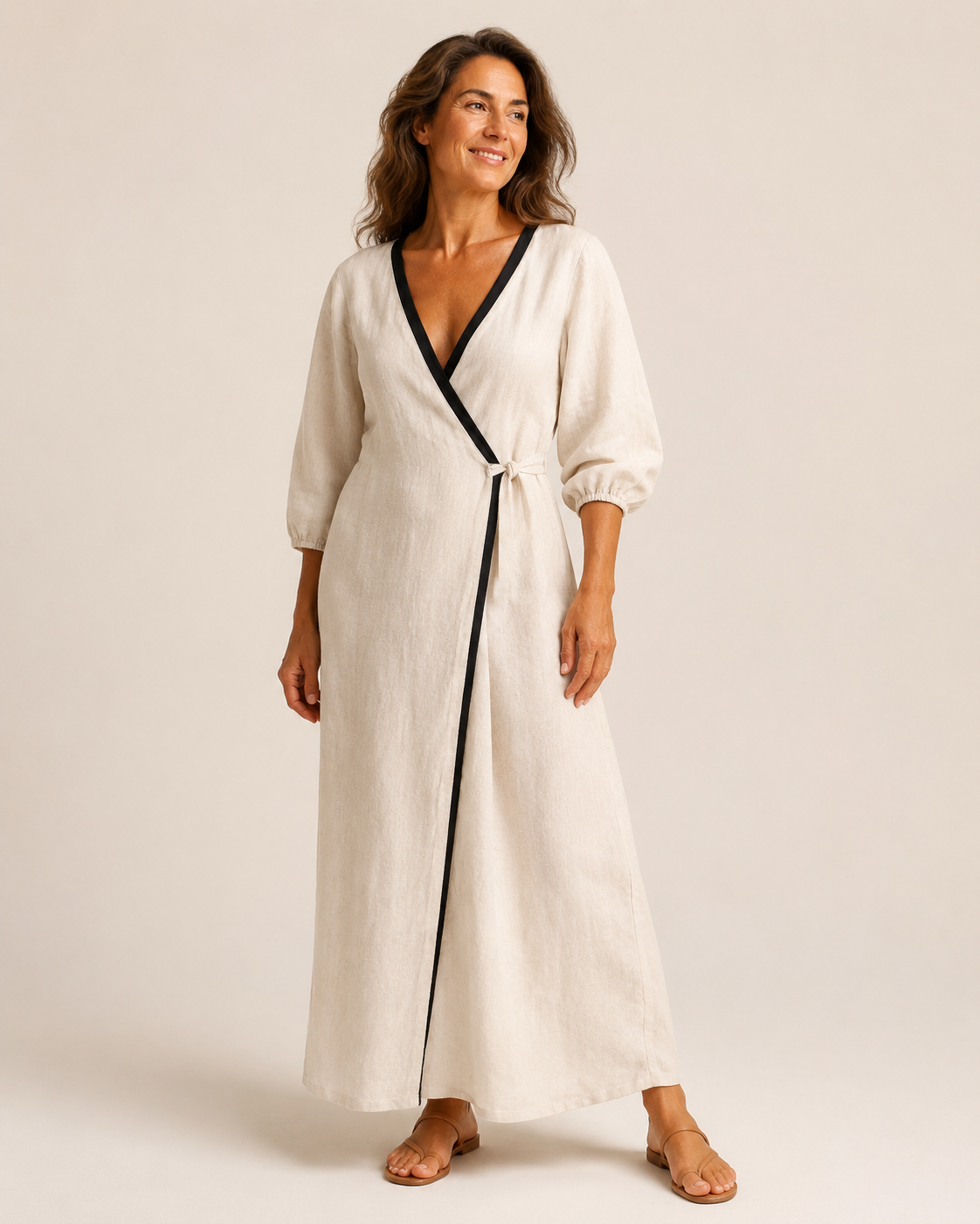 Elara™ | Linen-Blend Contrast-Trim Maxi Dress.