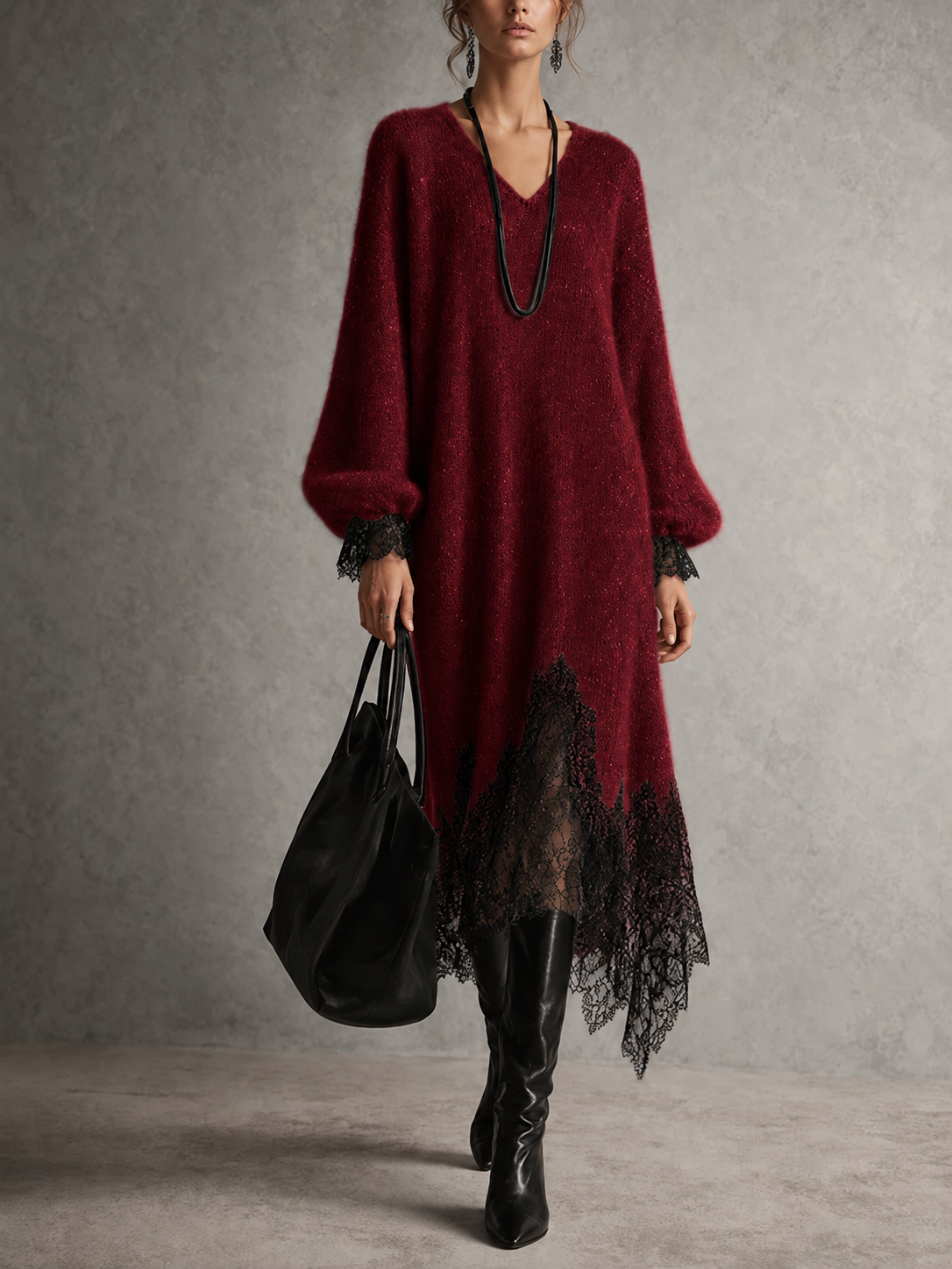 Camille™ Shimmer Knit Lace-Trim Midi Dress