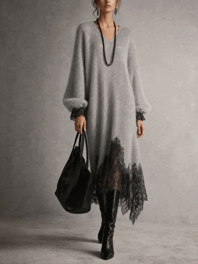 Camille™ Shimmer Knit Lace-Trim Midi Dress