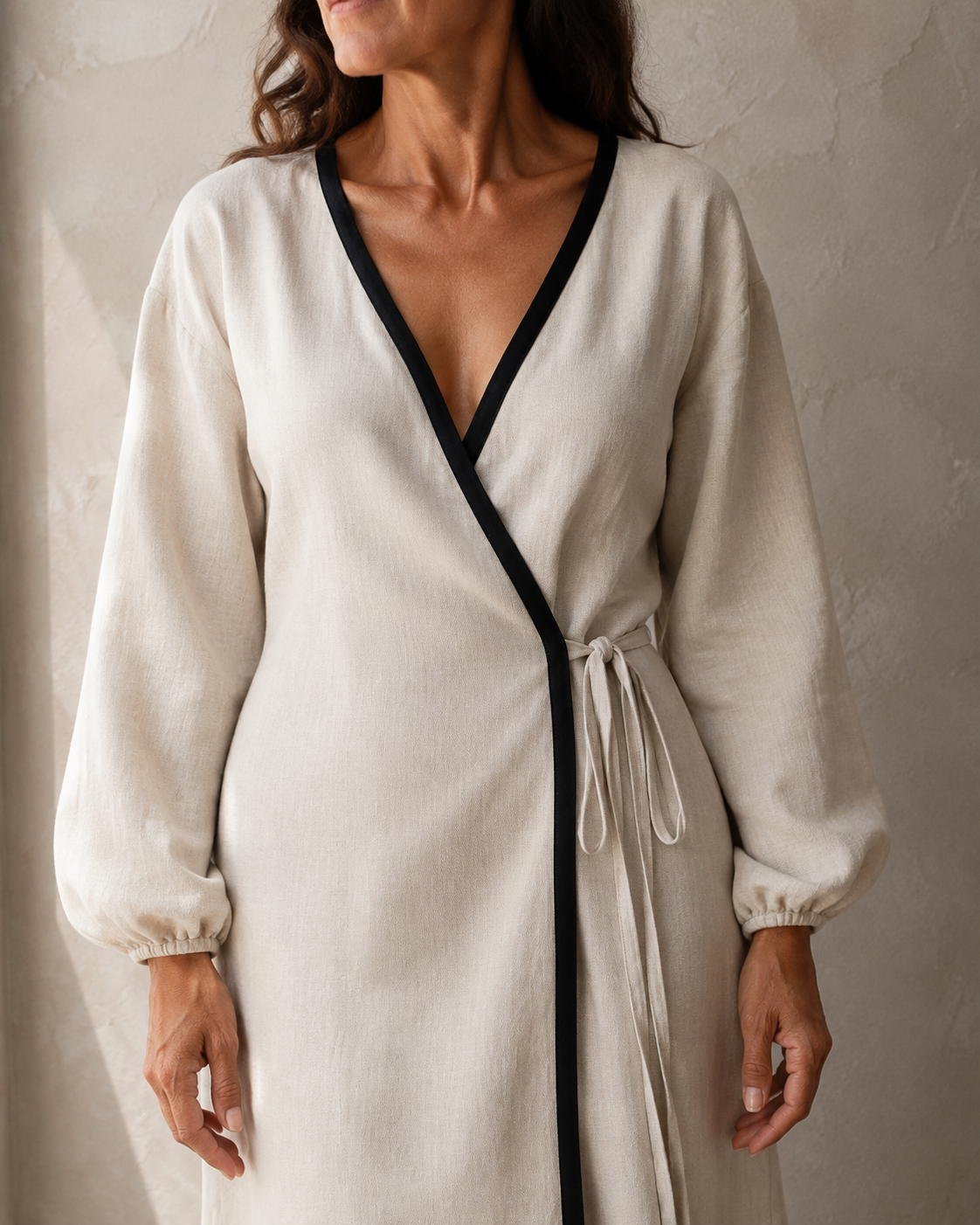 Elara™ | Linen-Blend Contrast-Trim Maxi Dress.