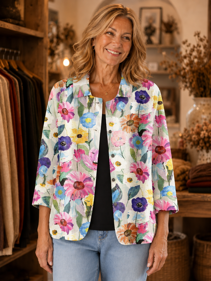 Fleur painterly floral blazer worn by model
