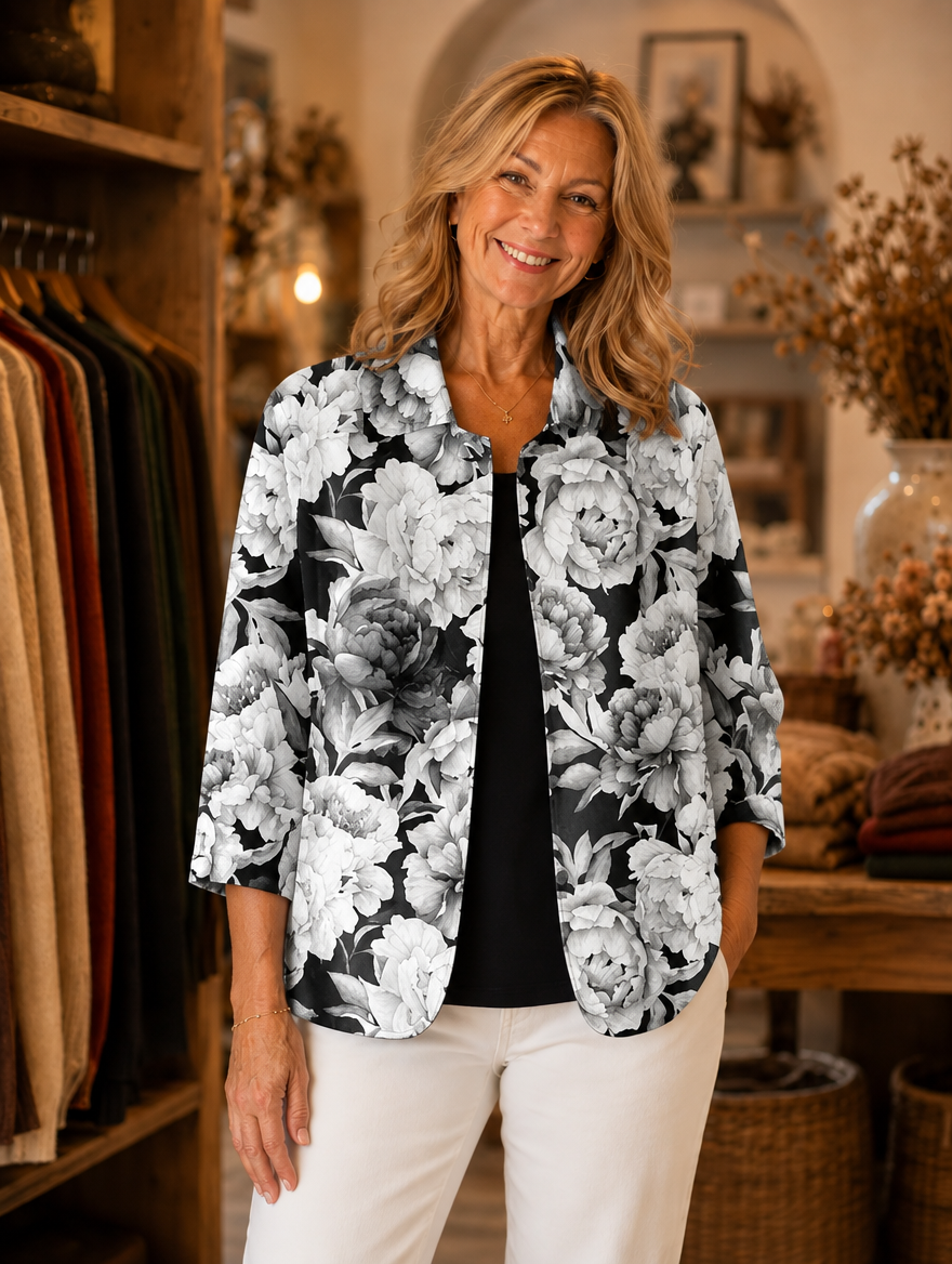 Pauline blossom open-front jacket worn by model