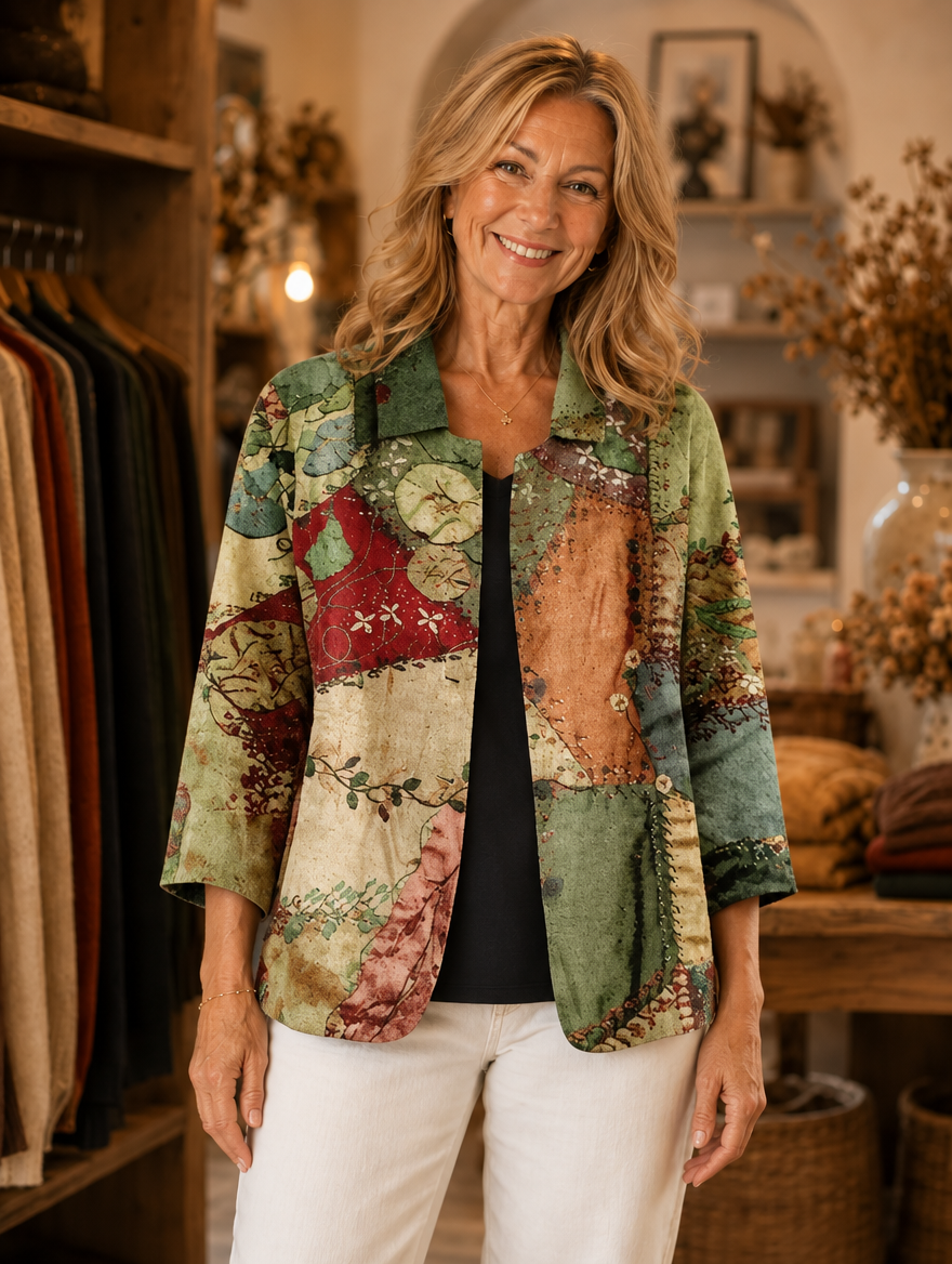 Dorothea artful patchwork jacket worn by model